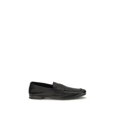 Prada Black Calf Leather Bos Taurus Slip-on Loafers In Black