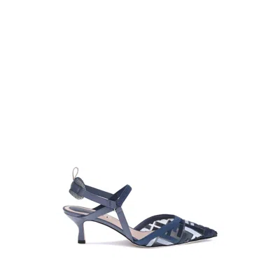 Fendi Colibri Ff Pointed Slingback Kitten Pumps In Blue