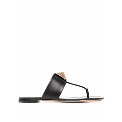 Valentino Black Leather Flat Sandals In Black