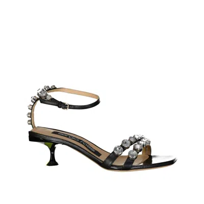 Sergio Rossi Leather Crystal Sandals In Black