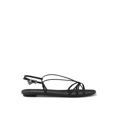 Prada Leather Flat Sandals Women In Black