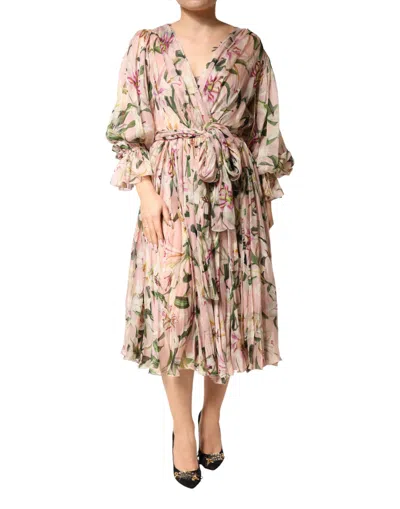 Dolce & Gabbana Pink Lily Print A-line Pleated Maxi Dress In Pink