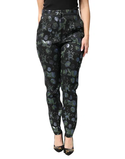 Dolce & Gabbana Bluegreen Floral Metallic Slim Trouser Pants In Black