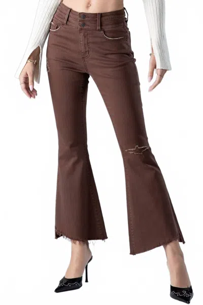 Ceros High Rise Distress Flare Denim Jean In Mocha In Brown