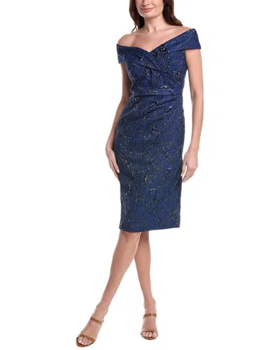 Teri Jon By Rickie Freeman Metallic Jacquard Portrait Side Ruched Dress In Blue