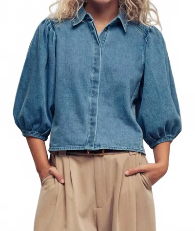 Urban Daizy Puff Sleeve Blouse In Denim In Blue
