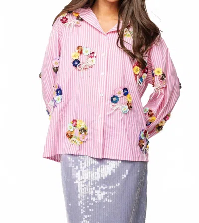 Queen Of Sparkles Women's Sequin Flower Wreath Cotton Button Up Top In Pink In Pink