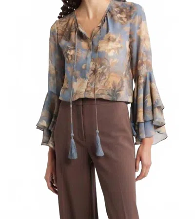 Kobi Halperin Mullin Floral Trumpet Sleeve Blouse In Skyline Multi In Brown