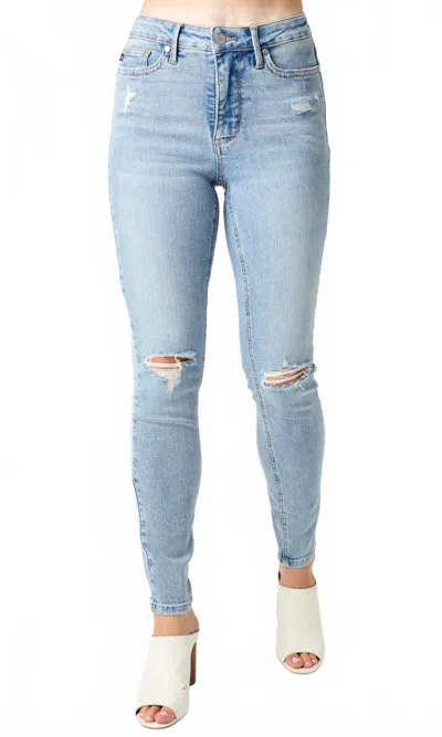 Judy Blue Mid Rise Tummy Control Destroy Skinny Jeans In Light Wash In Blue