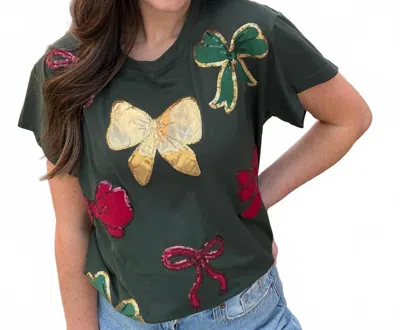 Queen Of Sparkles Women's Custom Holiday Bow Tee In Green In Green