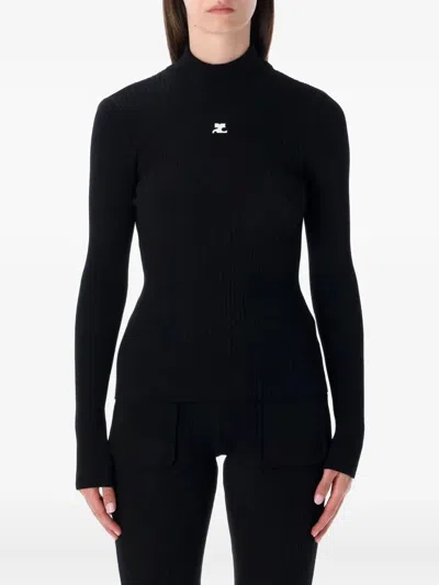 Courrèges Logo Knitted Turtle-neck Sweater In Black