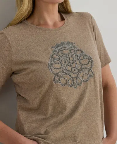 Ralph Lauren Plus Size Beaded-crest Cotton Jersey T-shirt In Gray