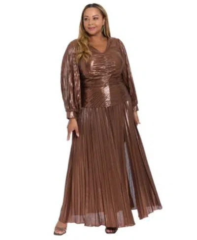 Muse Plus Size Radiating Pleats Long Sleeve Top Pleated Foil Knit Maxi Skirt In Brown