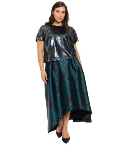 Muse Plus Size High Low Plaid Ball Gown Skirt Sequin Detail Jewel Neck Top In Black