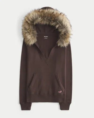 Hollister Faux Fur Trim V-neck Hoodie In Multi