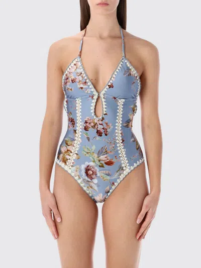 Zimmermann Womens Chambray Floral Awaken Crochet Keyhole Swimsuit In Blue
