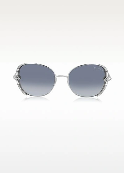 Roberto Cavalli Subra 974s Metal Square Oversized Womens Sunglasses W-crystals In Silver-shaded Blue