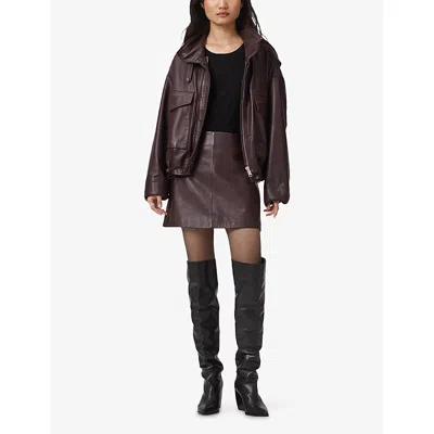 Allsaints Womens Oxblood Red Renai Slim-fit Mid-rise Leather Mini Skirt In Burgundy