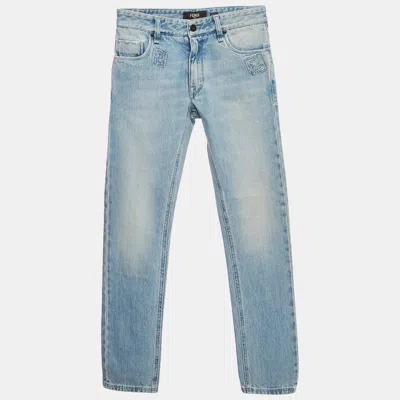 Pre-owned Fendi Blue Zucca Applique Denim Slim Fit Jeans S/waist 29"