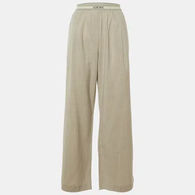 Pre-owned Loewe Beige Wool Logo Brand Wide Leg Trousers L In Sand