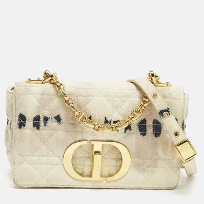 Pre-owned Dior Tie Caro Small Off White Cannage Denim Shoulder Bag