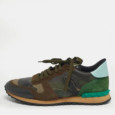 Pre-owned Valentino Garavani Rockrunner Size 43 Green Canvas Leather And Suede Lace Up Sneakers