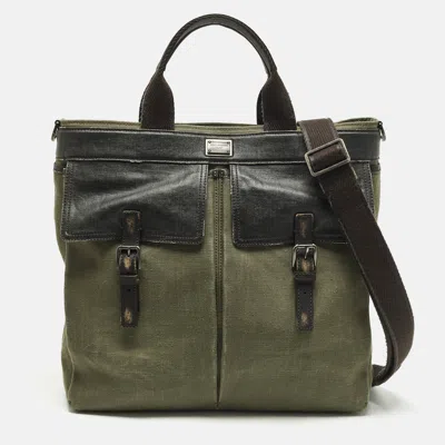 Pre-owned Dolce & Gabbana Green/dark Brown Distressed Finish Canvas Tote