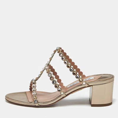 Pre-owned Aquazzura Tequila Size 37 Gold Leather Slide Sandals