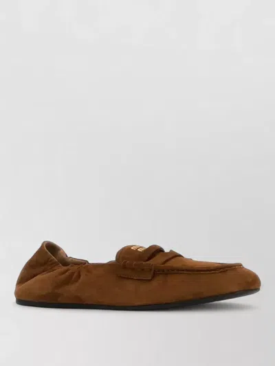 Miu Miu Suede Loafers Flat Sole Gathered Detail In Brown