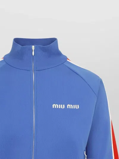 Miu Miu High Collar Cardigan Long Sleeves Stripes In Blue
