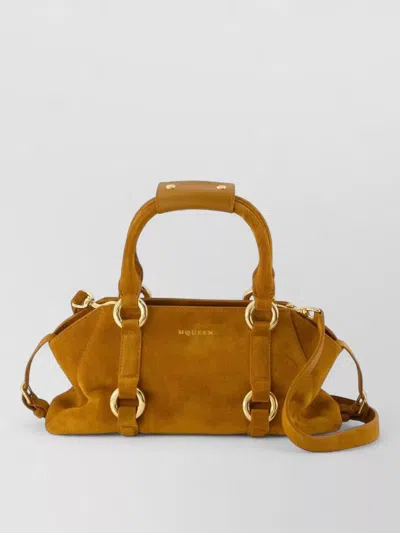 Alexander Mcqueen Caramel Suede Medium Farringdon Handbag In Orange