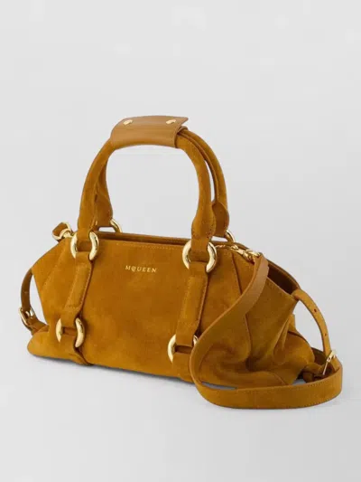 Alexander Mcqueen Caramel Suede Medium Farringdon Handbag In Orange