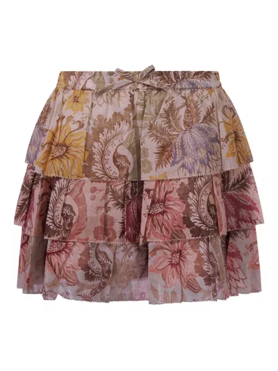 Zimmermann Tiered Floral Skirt In Brown