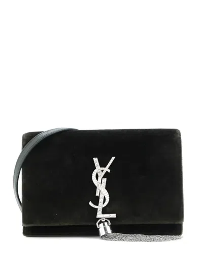 Pre-owned Saint Laurent Classic Monogram Tassel Chain Wallet Velvet Crossbody Bag In Green