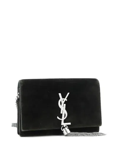 Pre-owned Saint Laurent Classic Monogram Tassel Chain Wallet Velvet Crossbody Bag In Green