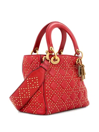 Pre-owned Dior Supple Lady  Bag Cannage Studded Lambskin Medium Satchel In Red