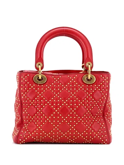 Pre-owned Dior Supple Lady  Bag Cannage Studded Lambskin Medium Satchel In Red