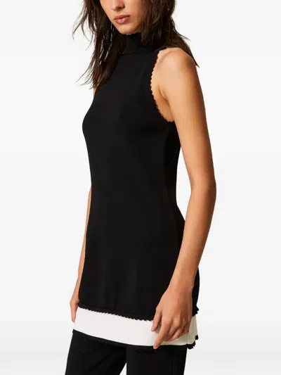 Twinset Scallop-trim Two-tone Midi Dress In Black