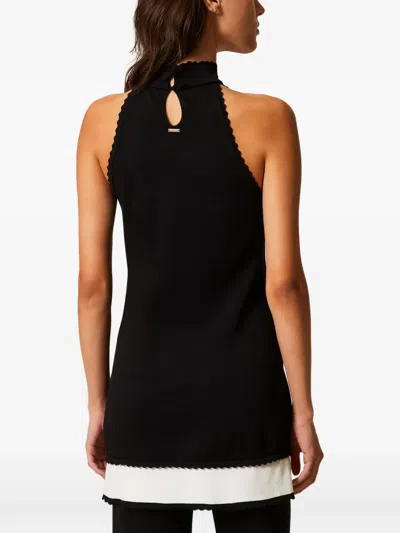 Twinset Scallop-trim Two-tone Midi Dress In Black