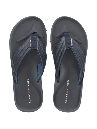 Tommy Hilfiger Striped Perforated Flip-flops In Blue