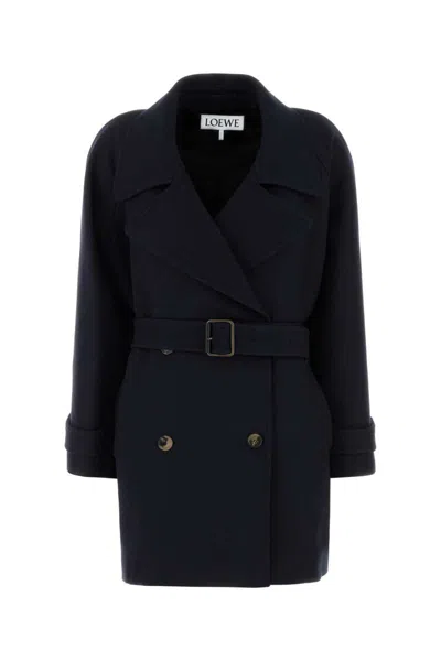 Loewe Wool Blend Coat With Back Vent And Belt In Blue