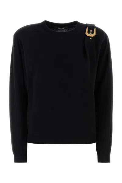Versace Wool Sweater With Buckle Detail And Long Sleeves In Black