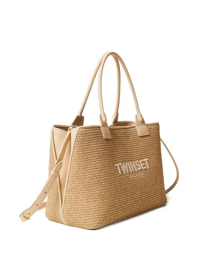 Twinset Parchment Rectangular Woven Handbag In Nude