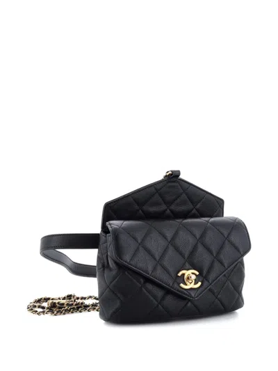 Pre-owned Chanel Carry With Chic Chain Flap Waist Bag Quilted Calfskin Belt Bag In Black