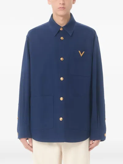 Valentino Cotton Gabardine Shirt Jacket With Vgold In Blue