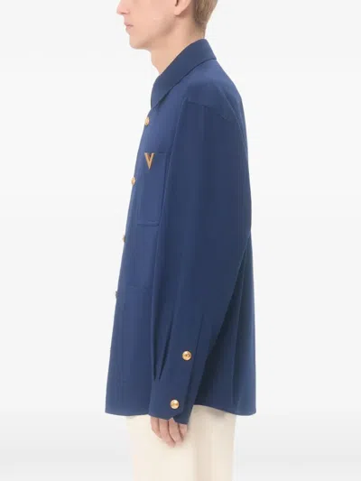 Valentino Cotton Gabardine Shirt Jacket With Vgold In Blue