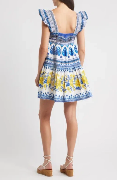 Farm Rio Zuli Organic Cotton Mini Dress In Off-white In Blue