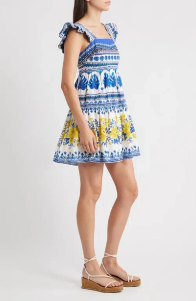 Farm Rio Zuli Organic Cotton Mini Dress In Off-white In Blue