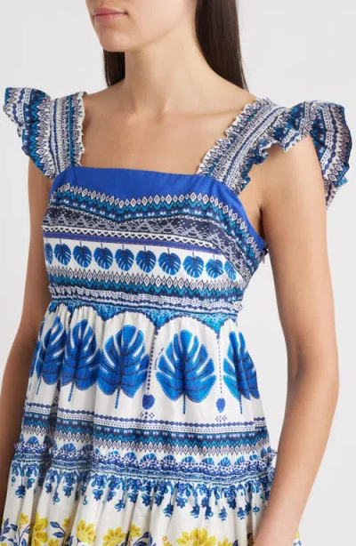 Farm Rio Zuli Organic Cotton Mini Dress In Off-white In Blue