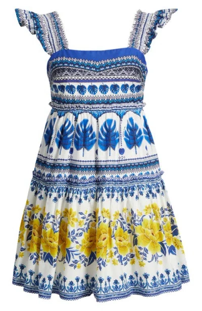 Farm Rio Zuli Organic Cotton Mini Dress In Off-white In Blue